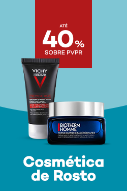 Cosm&eacute;tica Rosto Homem com destaque promocional de at&eacute; 40% sobre pre&ccedil;o de Venda ao P&uacute;blico Recomendado
